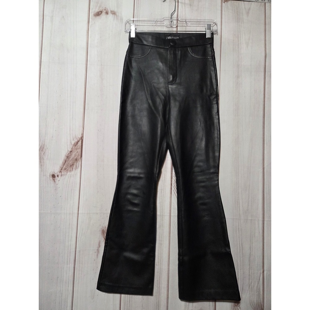 Zara Black Faux‎ Leather High Rise Flare Pants Gothic Womens Size XS 24